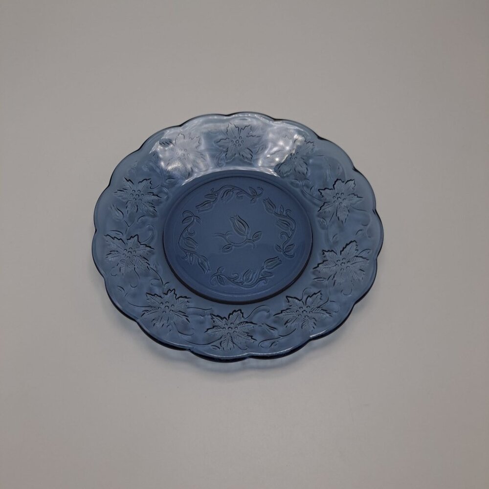 Princess House Fantasia Blue Glass Luncheon Plate Embossed Floral Design